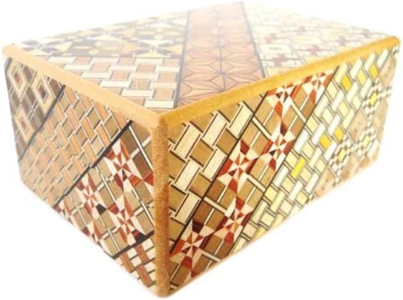 Yosegi puzzle box with diagonal bands of wood mosaic patterns