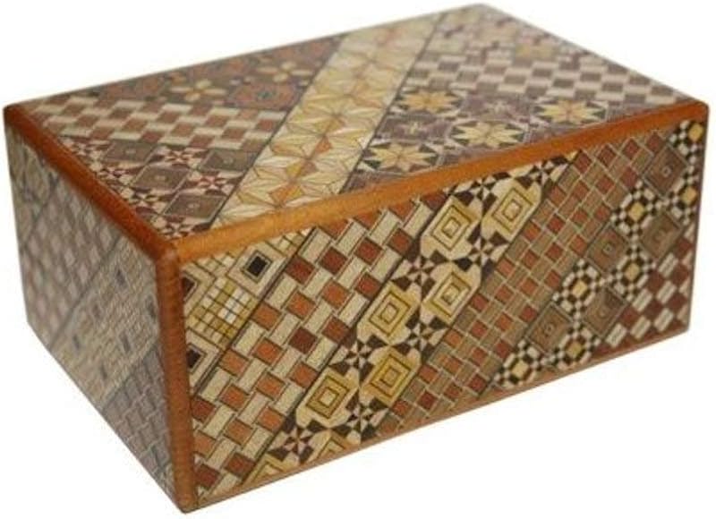 Yosegi puzzle box with a dark wood frame and mosaic panels